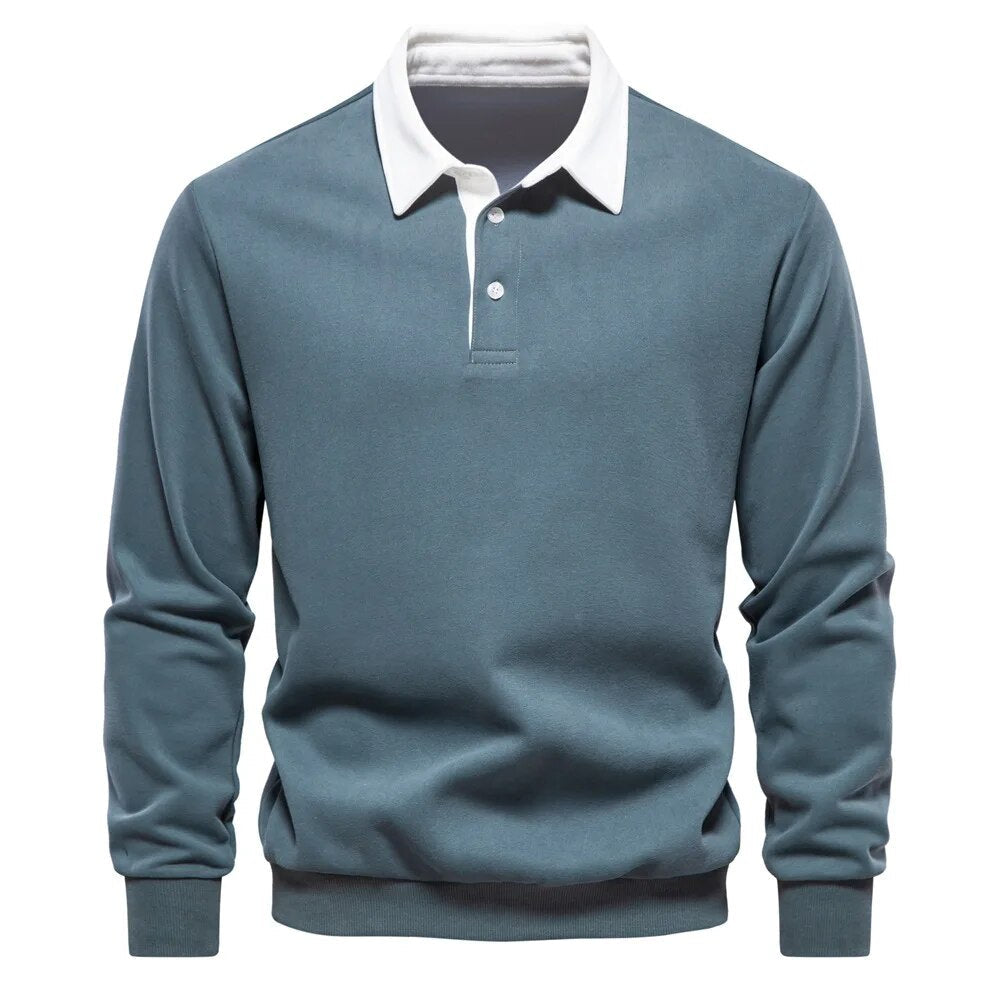Men's contrast collar polo jumper Thomas in Teal with white collar – front view