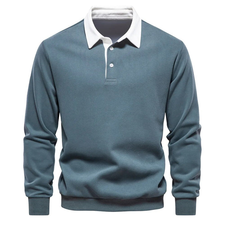 Men's contrast collar polo jumper Thomas in Teal with white collar – front view