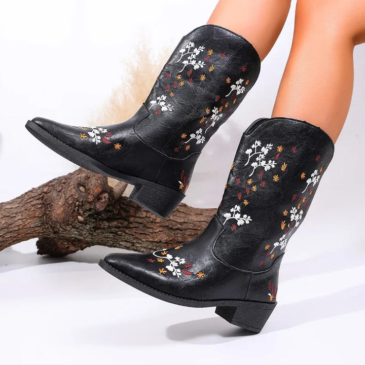 Women's Embroidered Pointed Mid-Calf Boots – Henrietta