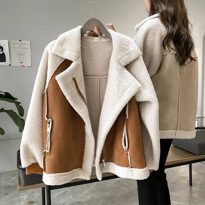 Women's Faux Shearling Aviator Jacket with Suede-Effect Panels – Alnwick – Caramel – front view