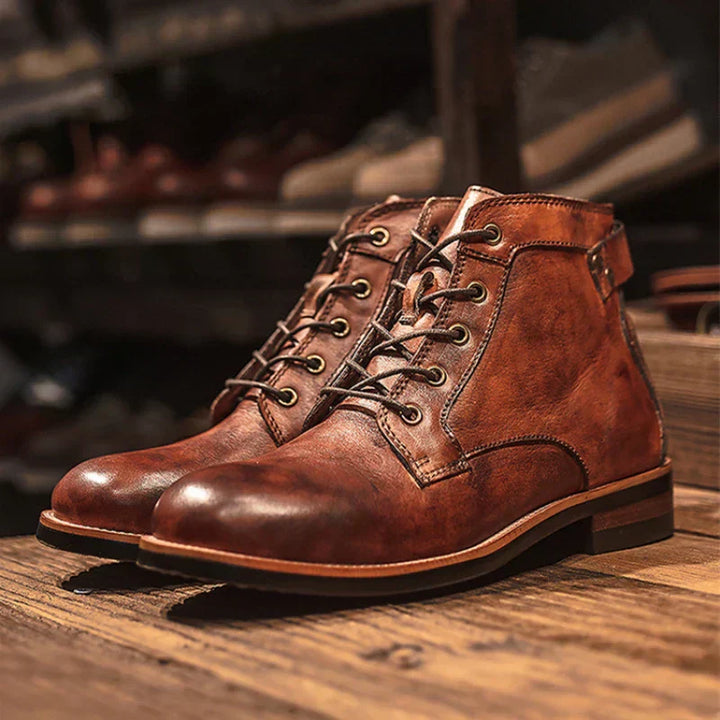 Men's lace-up ankle boots Serge in Brown – pair on shop shelf
