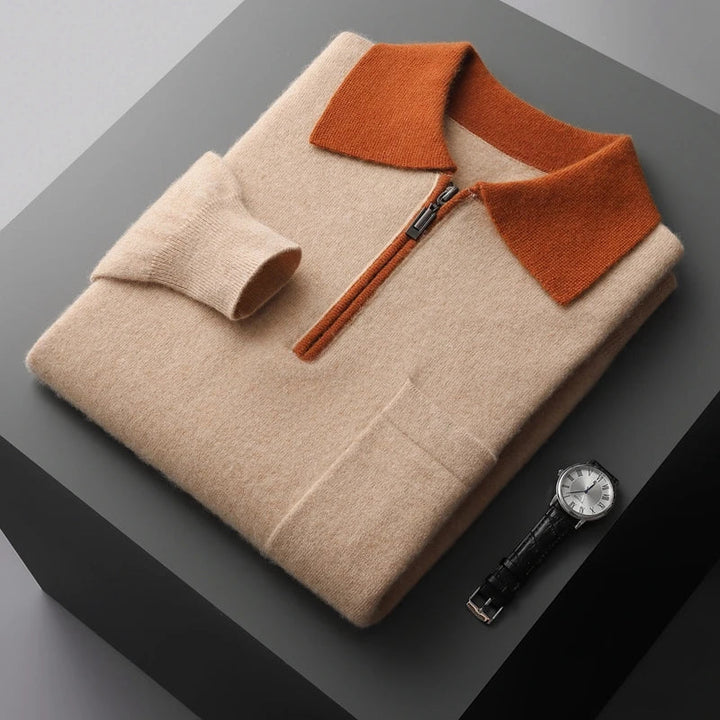 Men's camel knitted zip polo jumper with rust contrast collar – folded