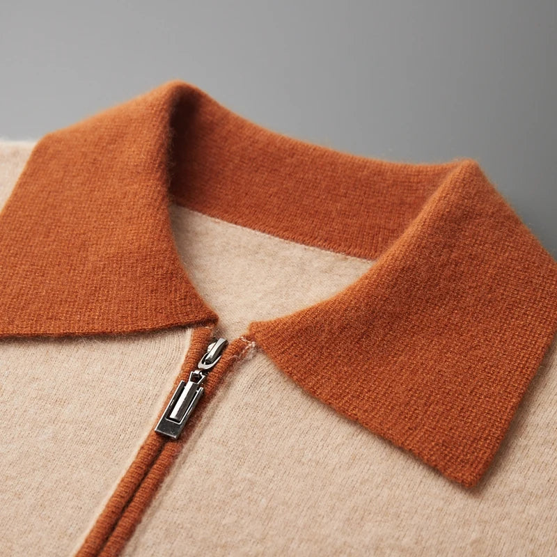 Camel knitted zip polo jumper – close-up of rust contrast collar and zip