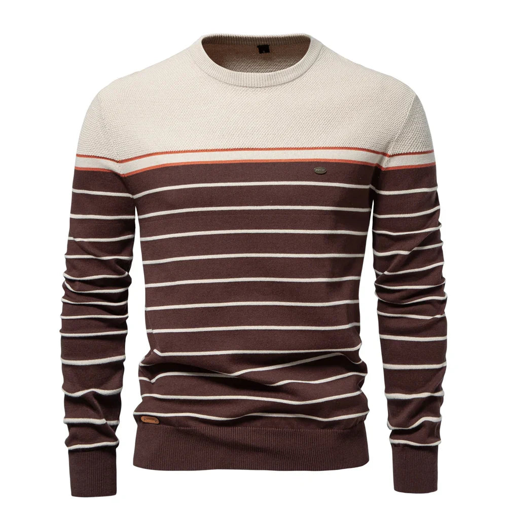 Men's striped crew neck jumper in beige and brown – Ashdown – front view