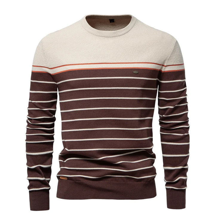 Men's striped crew neck jumper in beige and brown – Ashdown – front view