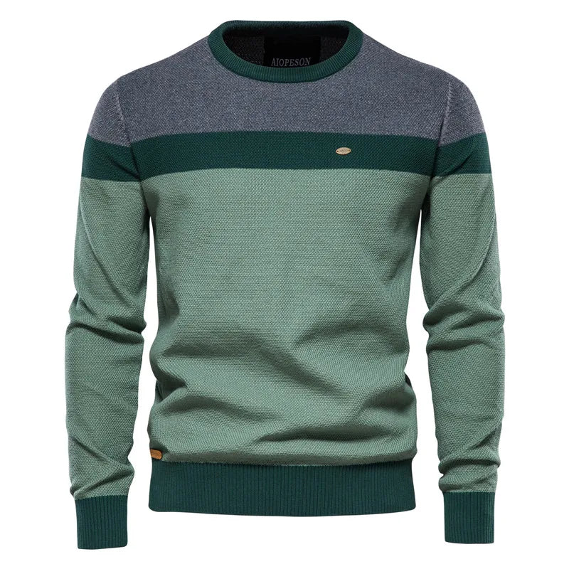 Men's colour block crew neck jumper in green – Aelric – front view