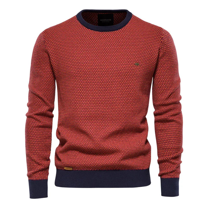 Men's textured crew neck jumper in red and navy – Lorien – front view, alternate