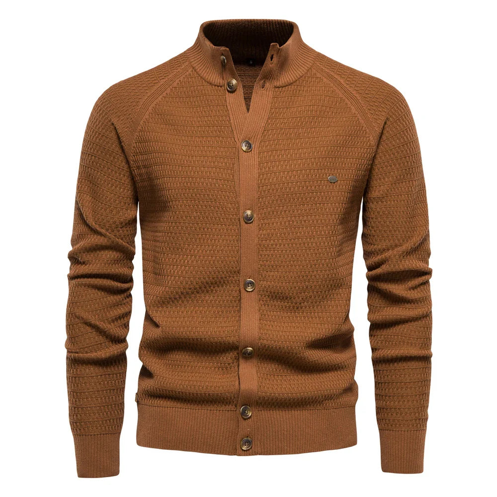 Men's stand collar button cardigan Selby in Brown – front view
