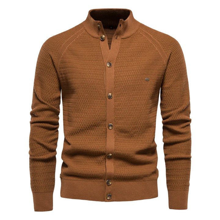 Men's stand collar button cardigan Selby in Brown – front view
