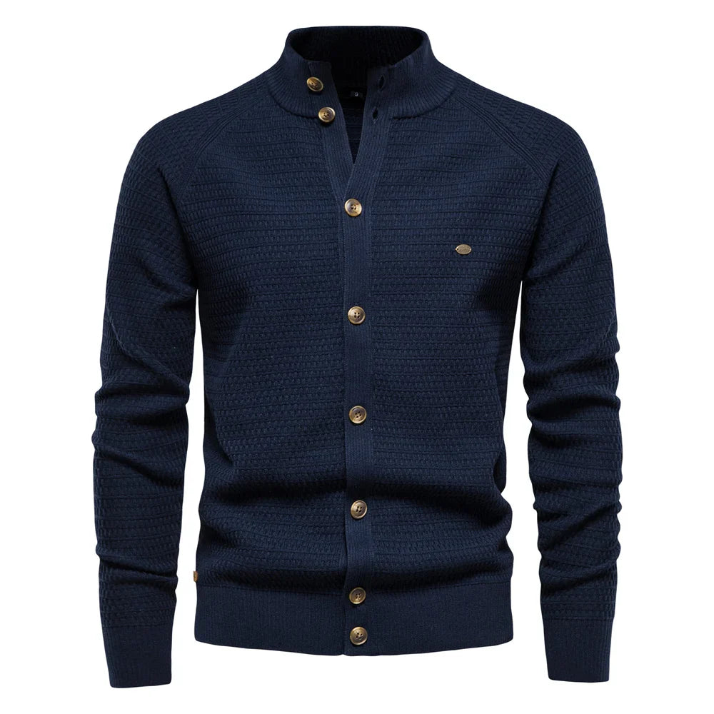 Men's stand collar button cardigan Selby in Dark Blue – front view