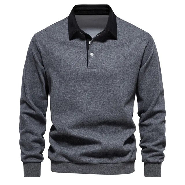 Men's contrast collar polo jumper Thomas in Grey with black collar – front view