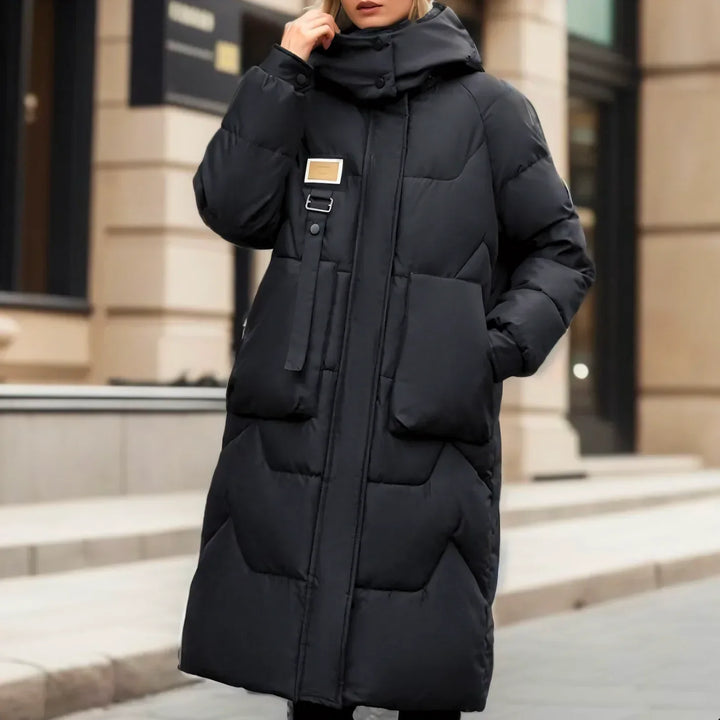 Nairn women's long puffer coat in Black – front view