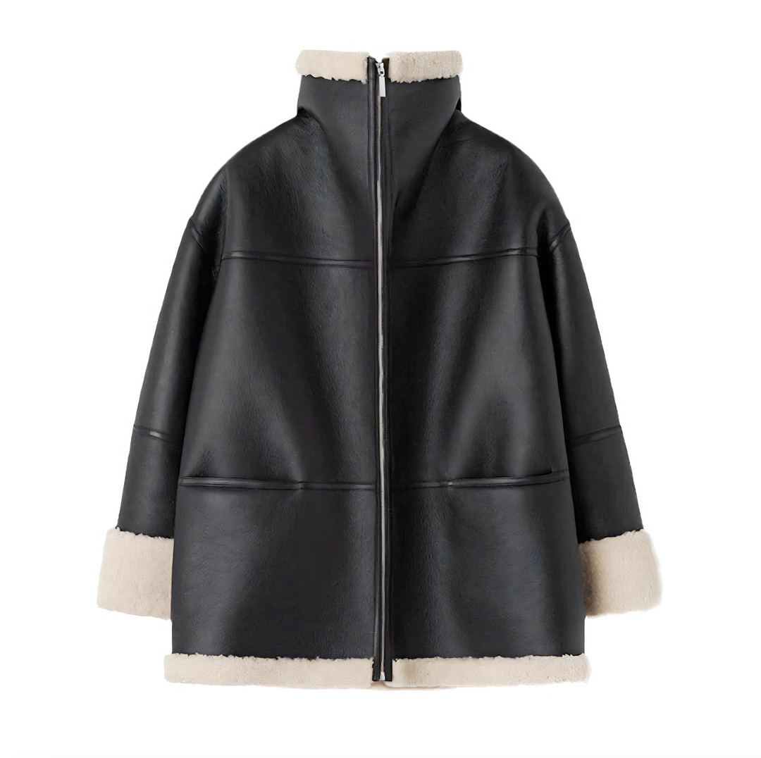Orford women's faux leather shearling coat in Black – front view
