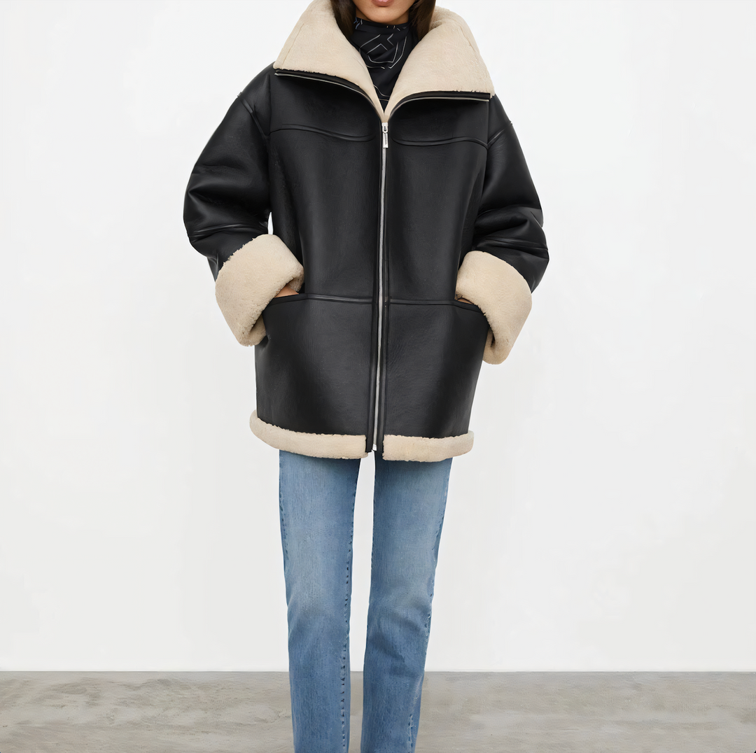 Orford women's faux leather shearling coat in Black – front view