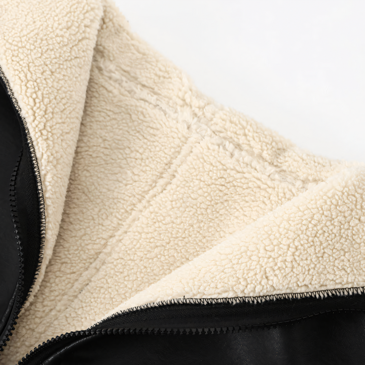 Orford women's faux leather shearling coat in Black – detail view