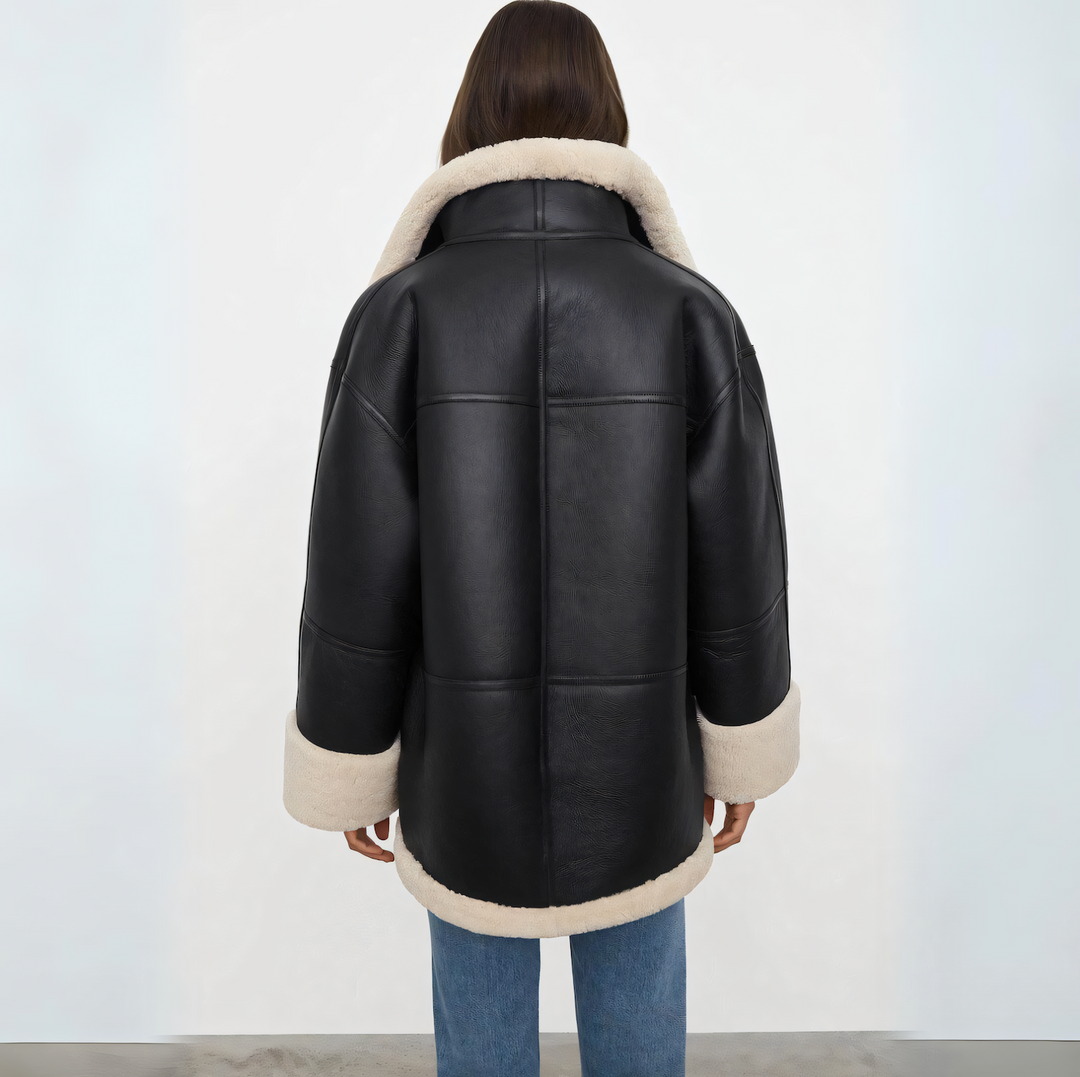 Orford women's faux leather shearling coat in Black – back view