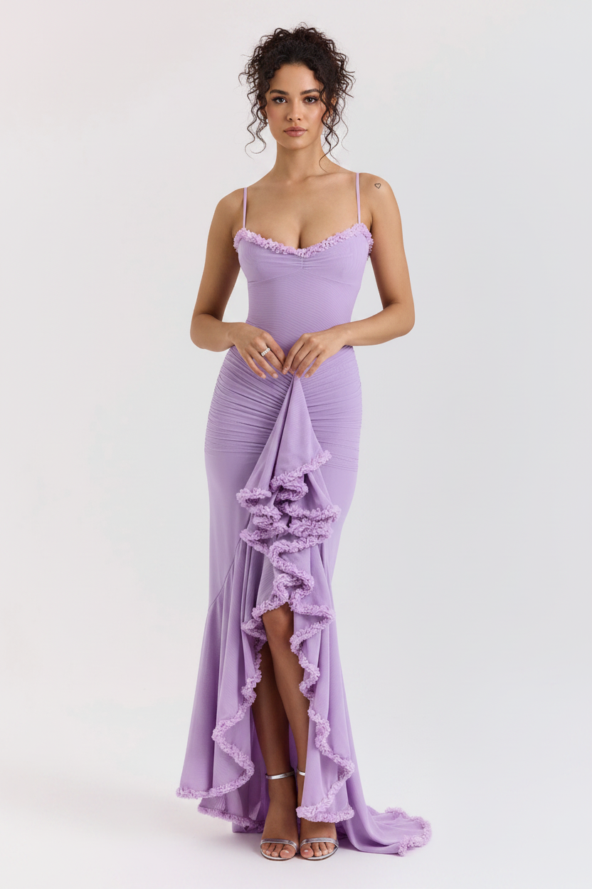 A purple, ruffled hem gown with spaghetti straps and a high slit, providing a sleek and elegant look suitable for special occasions.