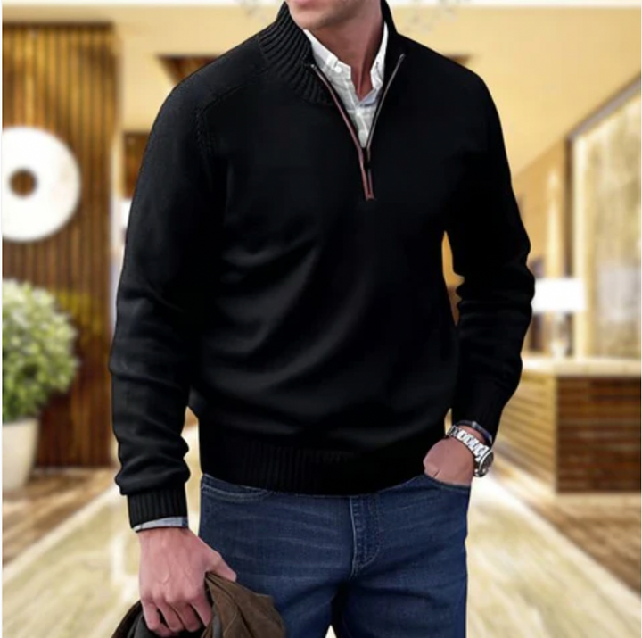 Men's soft knit quarter zip jumper Linton in Black – indoor lifestyle view