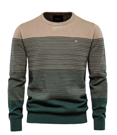 Men's striped colour block jumper in green – Dorian – front view, alternate