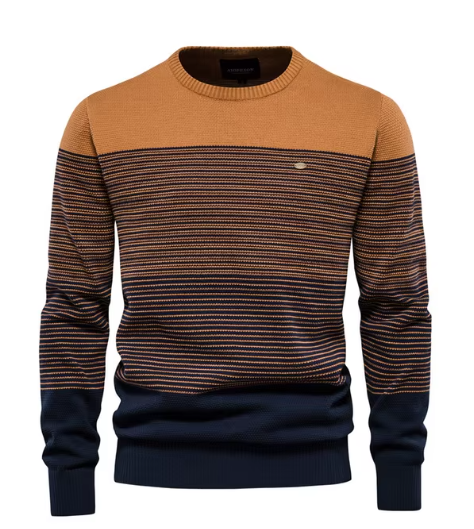 Men's striped colour block jumper in brown – Dorian – front view