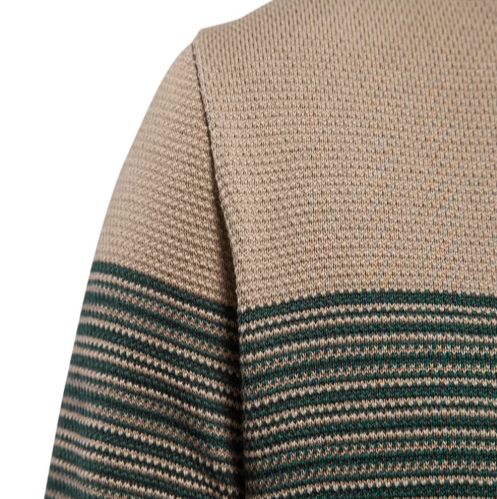 Men's striped colour block jumper in green – Dorian – shoulder and stripe close-up