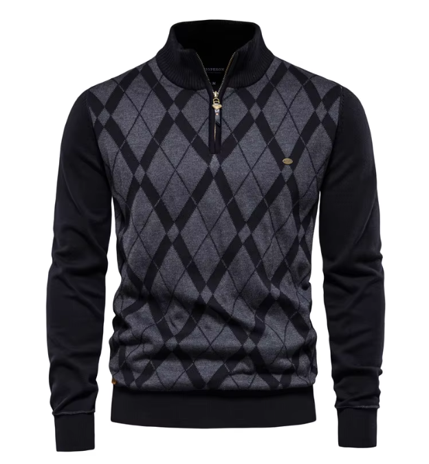 Men's argyle half zip jumper in black – Aurello – front view