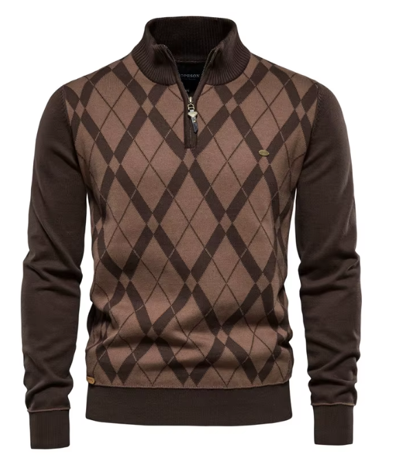 Men's argyle half zip jumper in brown – Aurello – front view