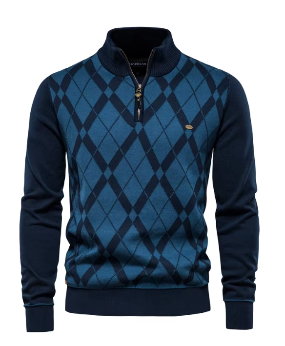 Men's argyle half zip jumper in blue – Aurello – front view