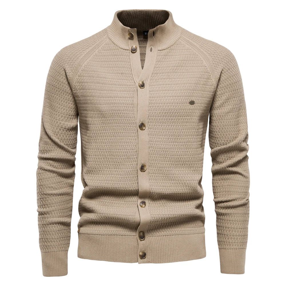 Men's stand collar button cardigan Selby in Khaki – front view