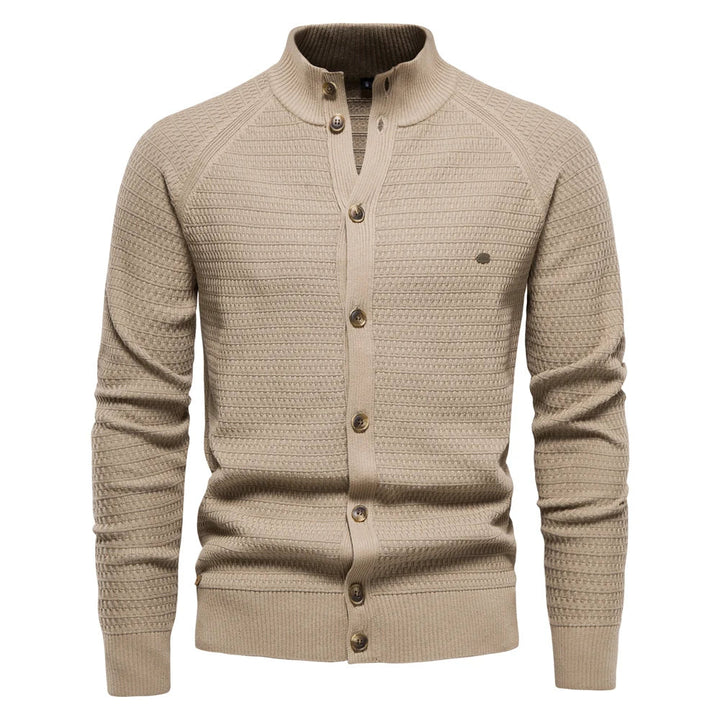 Men's stand collar button cardigan Selby in Khaki – front view