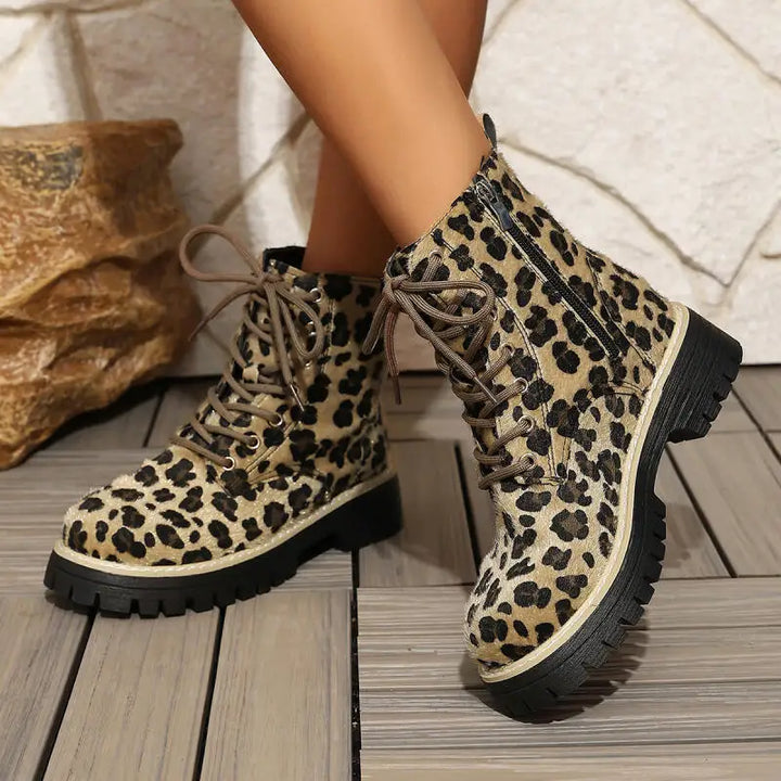 Women's Leopard Suede-Look Lace-Up Ankle Boots – Evangeline