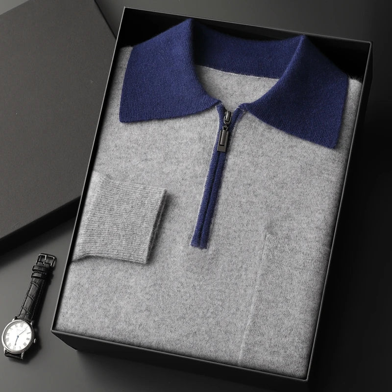 Men's grey knitted zip polo jumper with navy contrast collar – folded in gift box