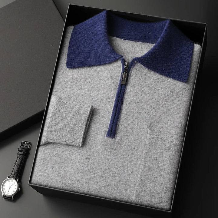 Men's grey knitted zip polo jumper with navy contrast collar – folded in gift box