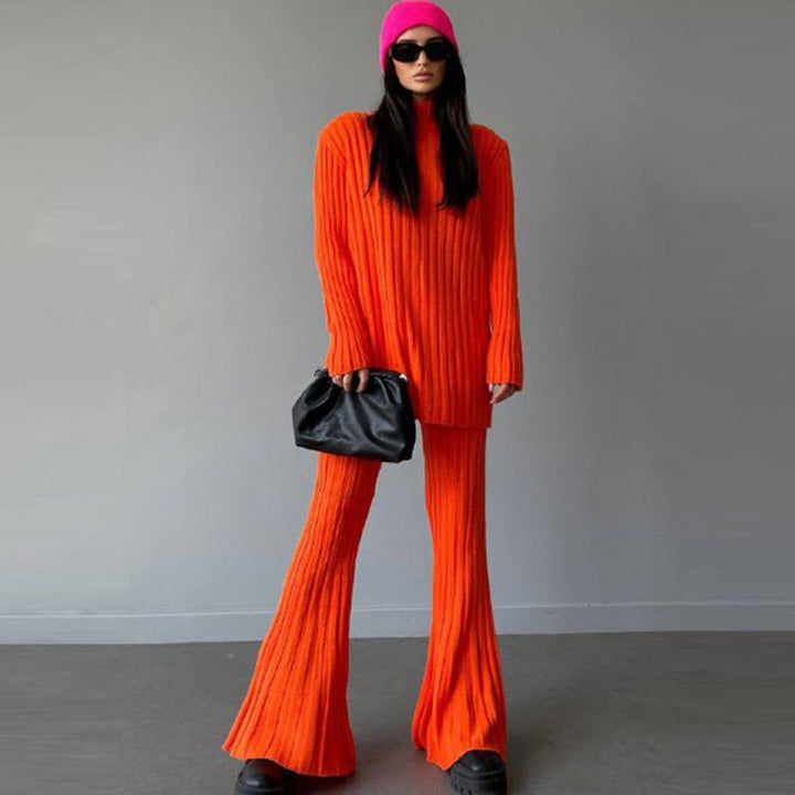 Women's Ribbed Turtleneck Jumper Flared Trousers Set