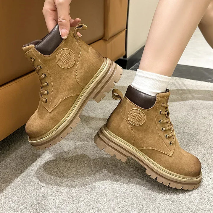 Women's Leather Worker Boots - Nora in Brown – on-foot view