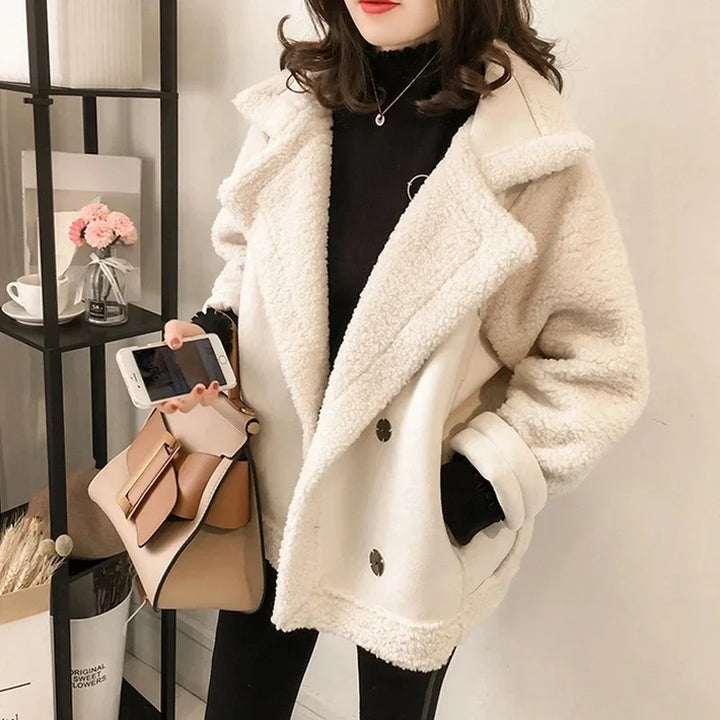Women's Faux Shearling Aviator Jacket with Suede-Effect Panels – Alnwick – Ivory – front view on model