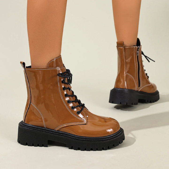 Women's Waterproof Combat Boots - Thea in Brown – on-foot view