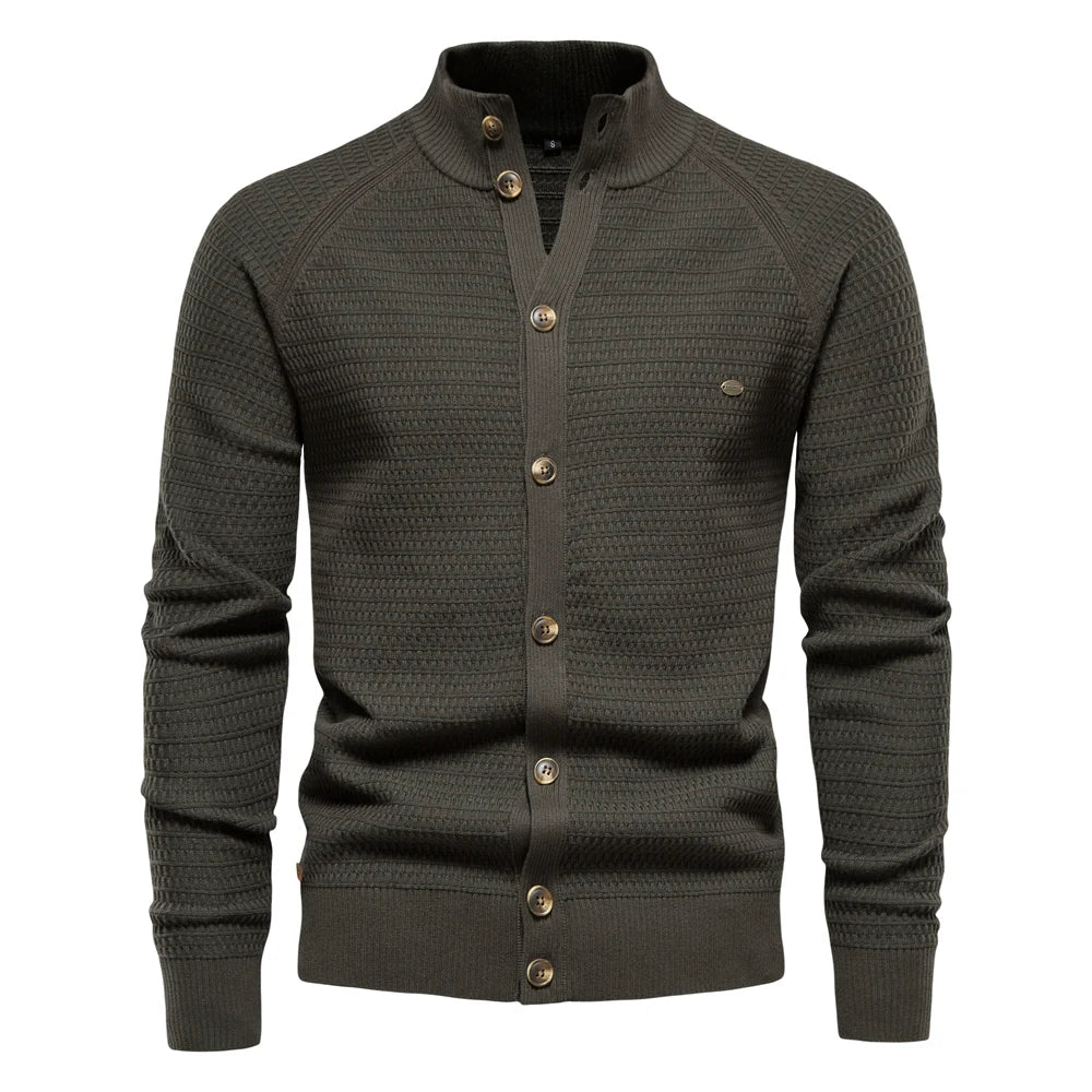 Men's stand collar button cardigan Selby in Green – front view