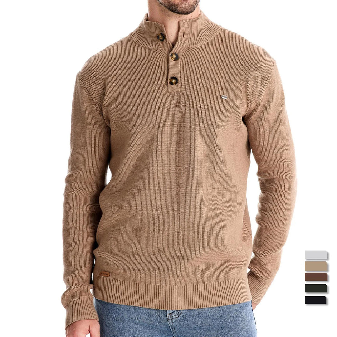 Men's ribbed button neck jumper in khaki – Ronan – worn by model with colour swatches