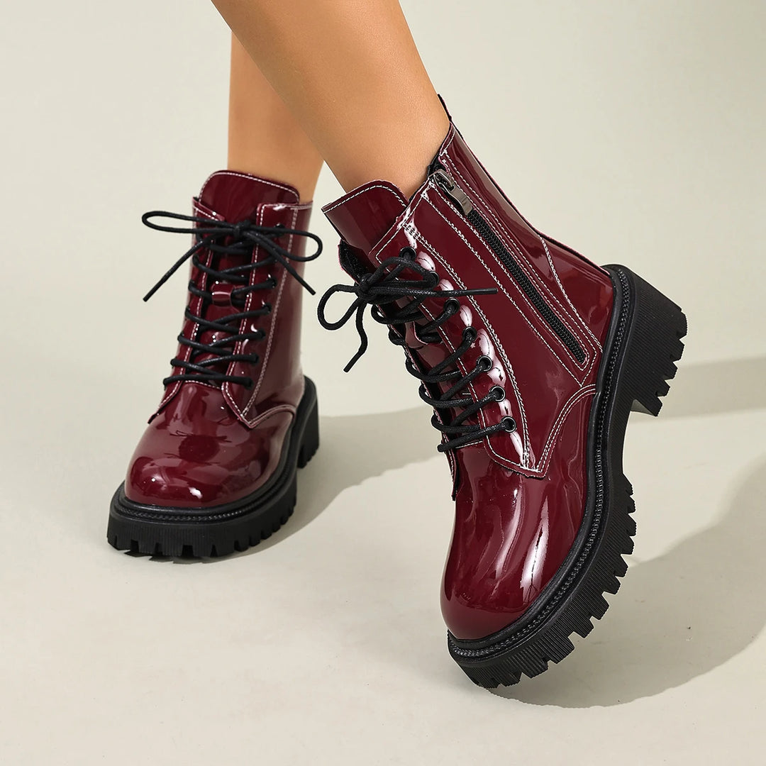 Women's Waterproof Combat Boots - Thea in Red – on-foot view