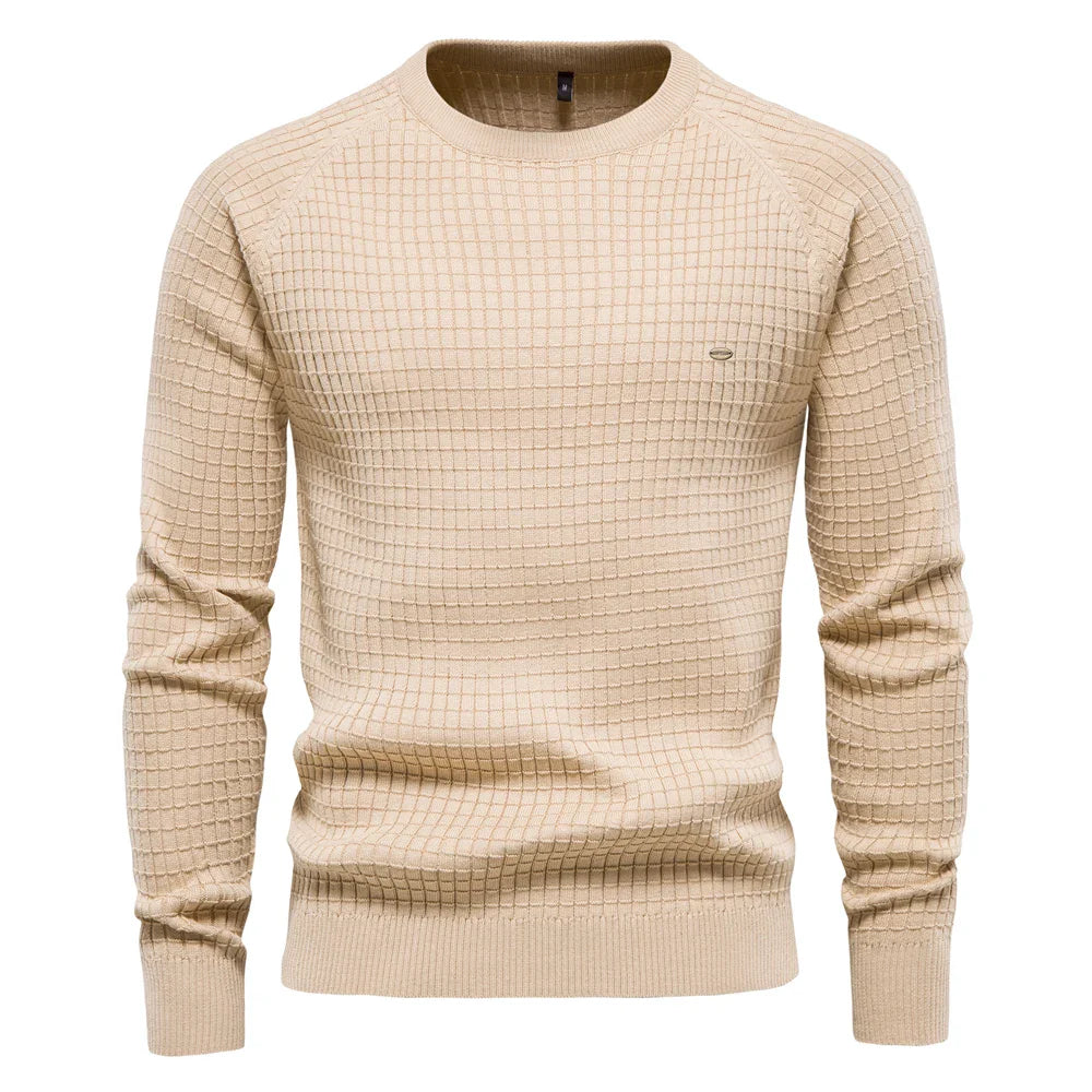 Men's grid waffle knit crew neck jumper in khaki – Selwyn – front view