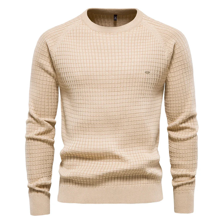 Men's grid waffle knit crew neck jumper in khaki – Selwyn – front view
