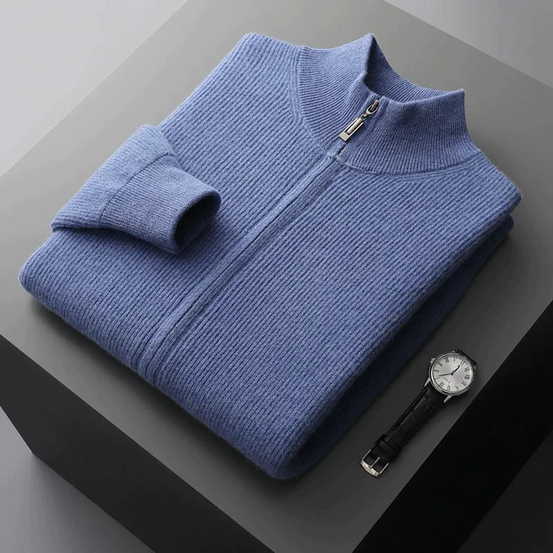 Men's blue ribbed knit zip through cardigan – folded