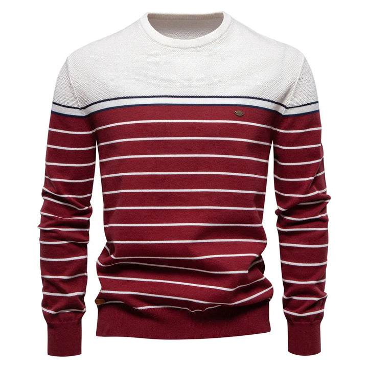 Men's striped crew neck jumper in white and burgundy – Ashdown – front view