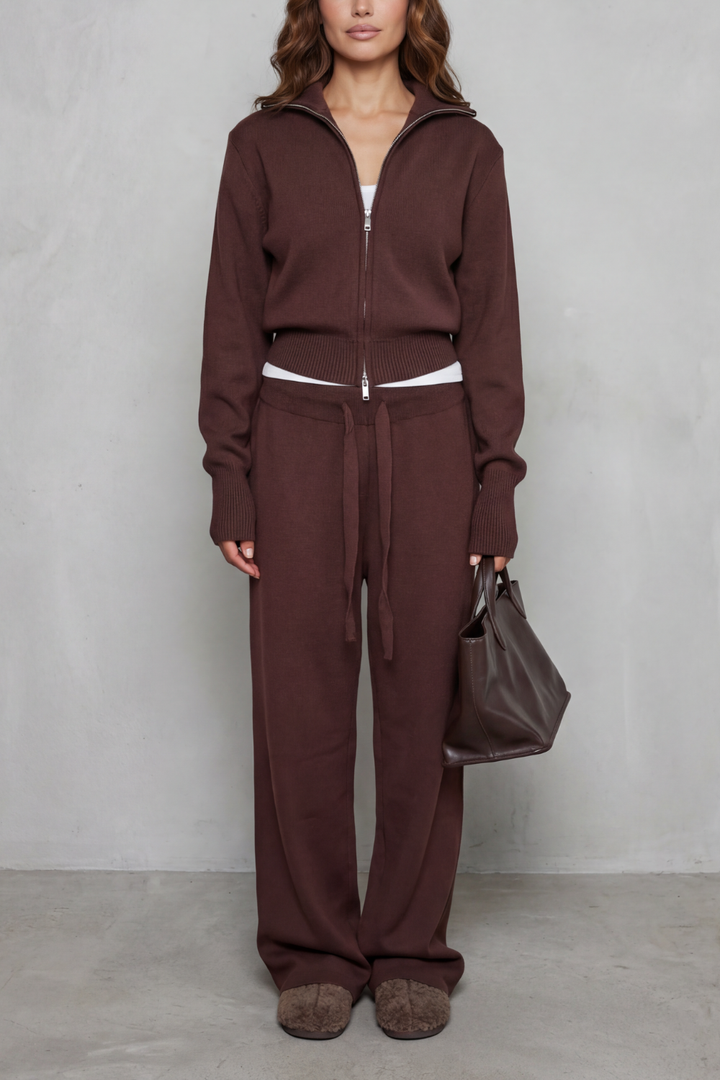 Women's Knit Zip-Up Cardigan and Trouser Lounge Set - Domiselle