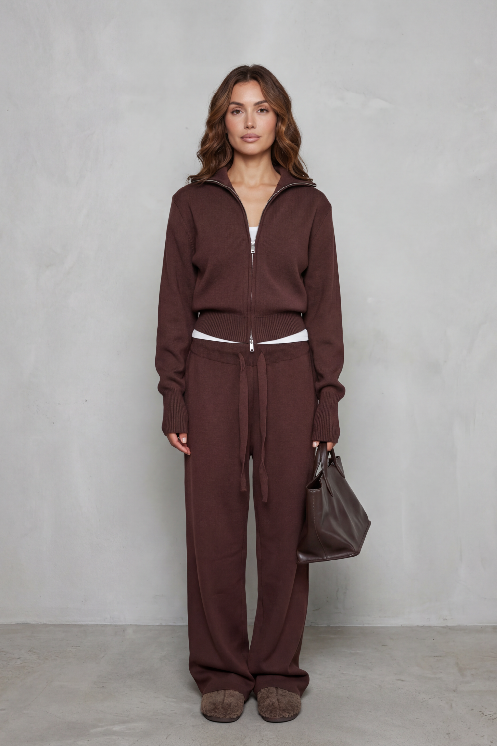 Women's Knit Zip-Up Cardigan and Trouser Lounge Set - Domiselle