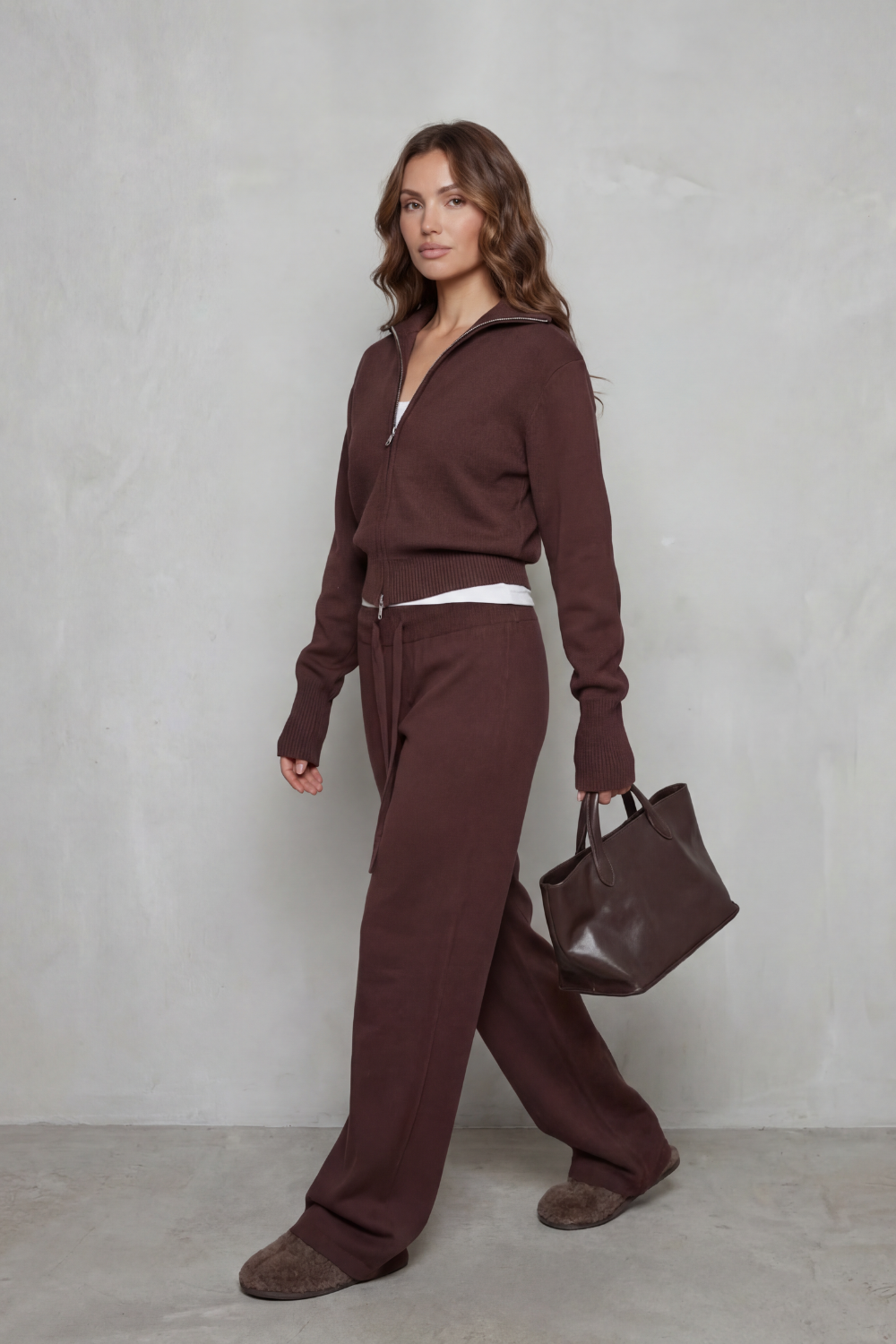Women's Knit Zip-Up Cardigan and Trouser Lounge Set - Domiselle