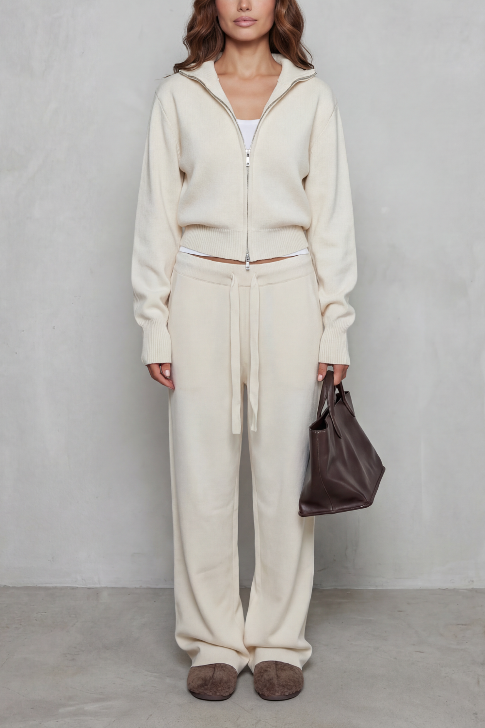Women's Knit Zip-Up Cardigan and Trouser Lounge Set - Domiselle