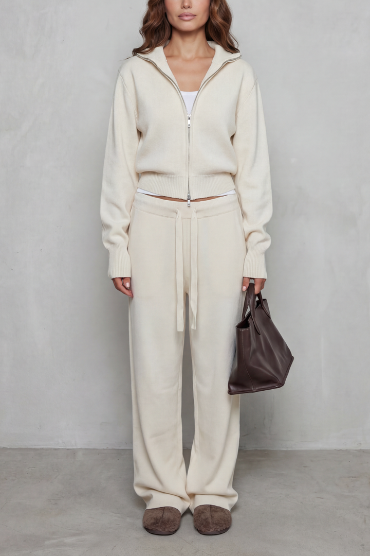 Women's Knit Zip-Up Cardigan and Trouser Lounge Set - Domiselle