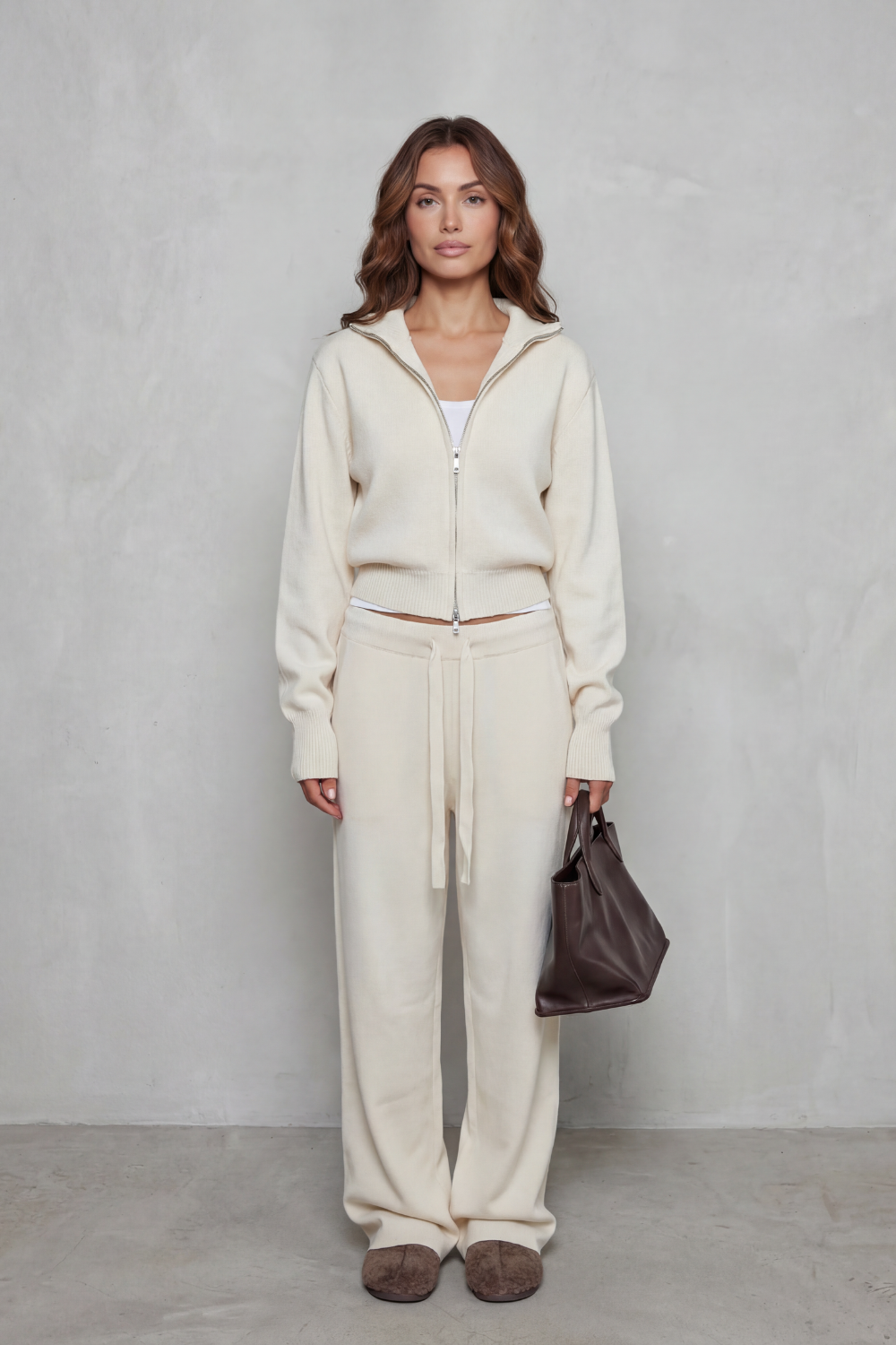 Women's Knit Zip-Up Cardigan and Trouser Lounge Set - Domiselle